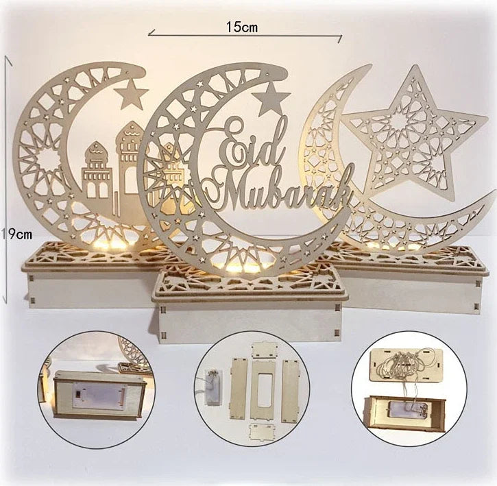 EID Mubarak Wooden Ornament Moon LED Candle Light Ramadan Decoration