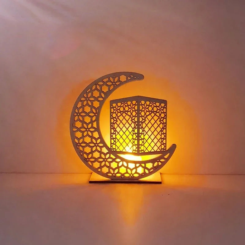 EID Mubarak Wooden Ornament Moon LED Candle Light Ramadan Decoration