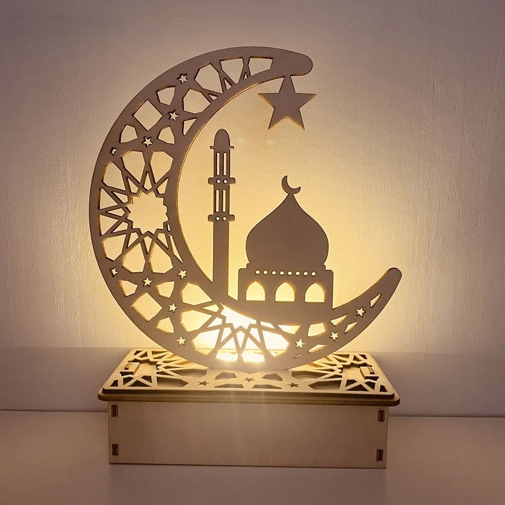 EID Mubarak Wooden Ornament Moon LED Candle Light Ramadan Decoration