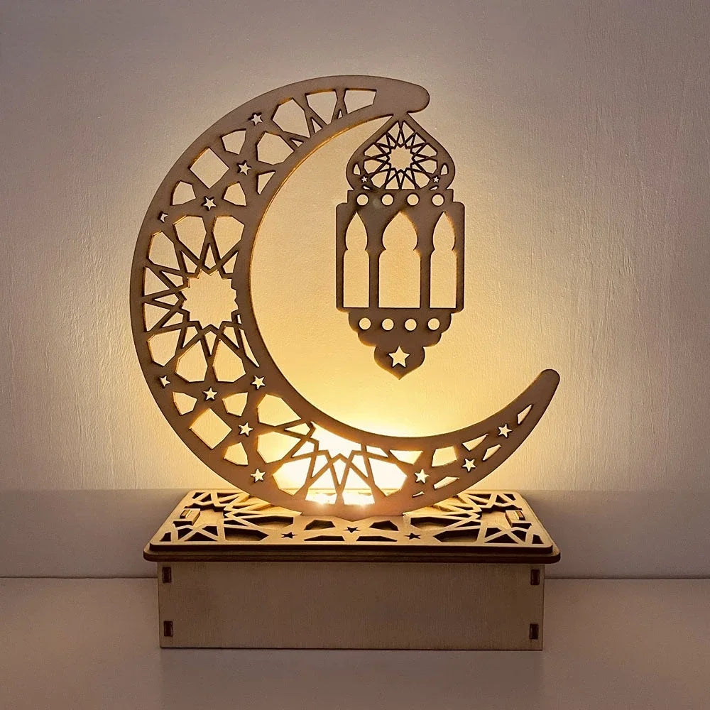 EID Mubarak Wooden Ornament Moon LED Candle Light Ramadan Decoration