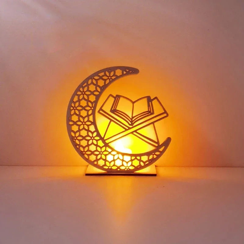 EID Mubarak Wooden Ornament Moon LED Candle Light Ramadan Decoration