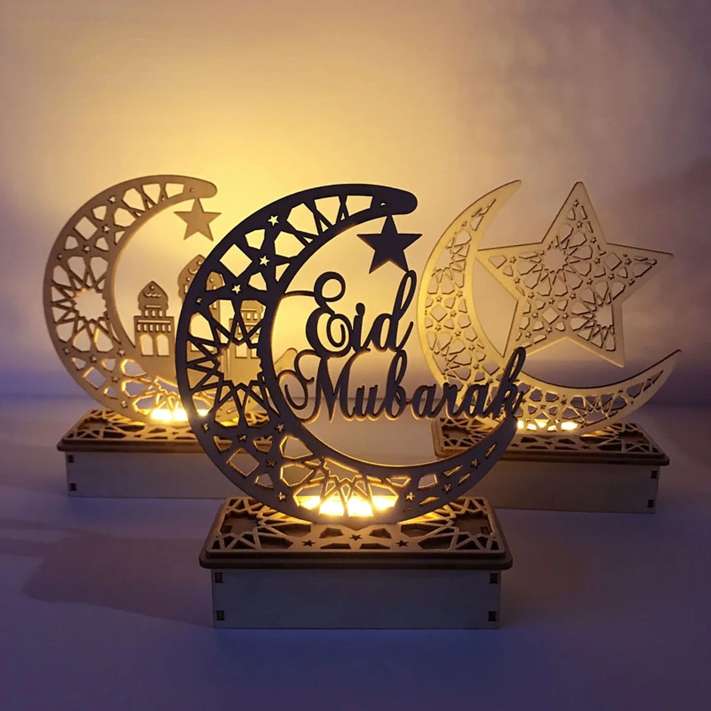 EID Mubarak Wooden Ornament Moon LED Candle Light Ramadan Decoration