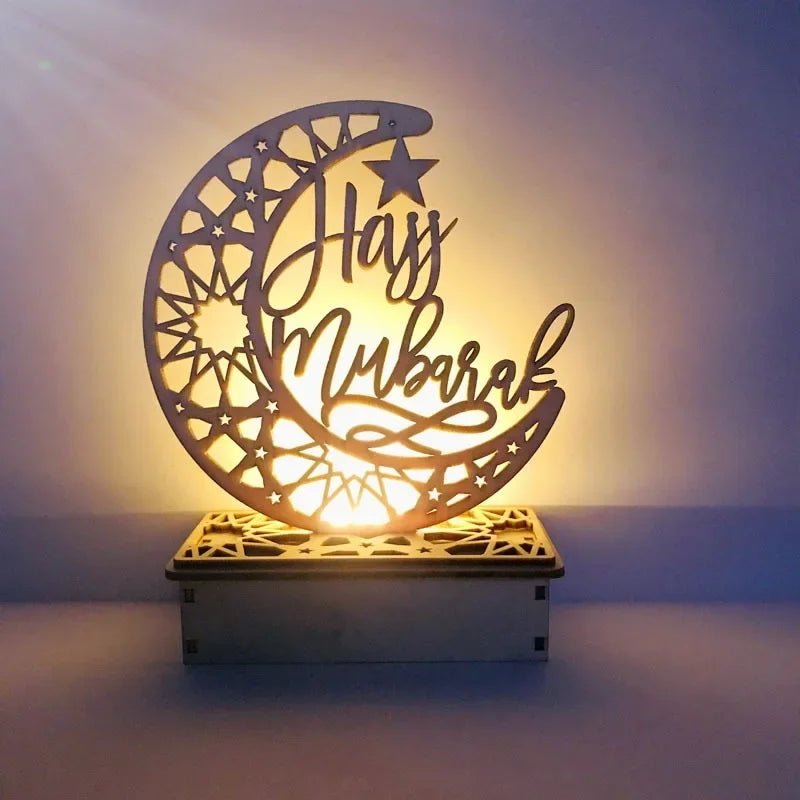 EID Mubarak Wooden Ornament Moon LED Candle Light Ramadan Decoration