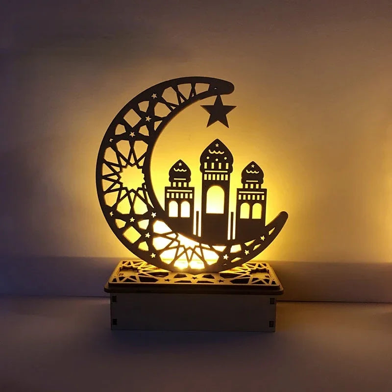 EID Mubarak Wooden Ornament Moon LED Candle Light Ramadan Decoration