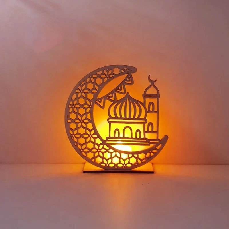 EID Mubarak Wooden Ornament Moon LED Candle Light Ramadan Decoration