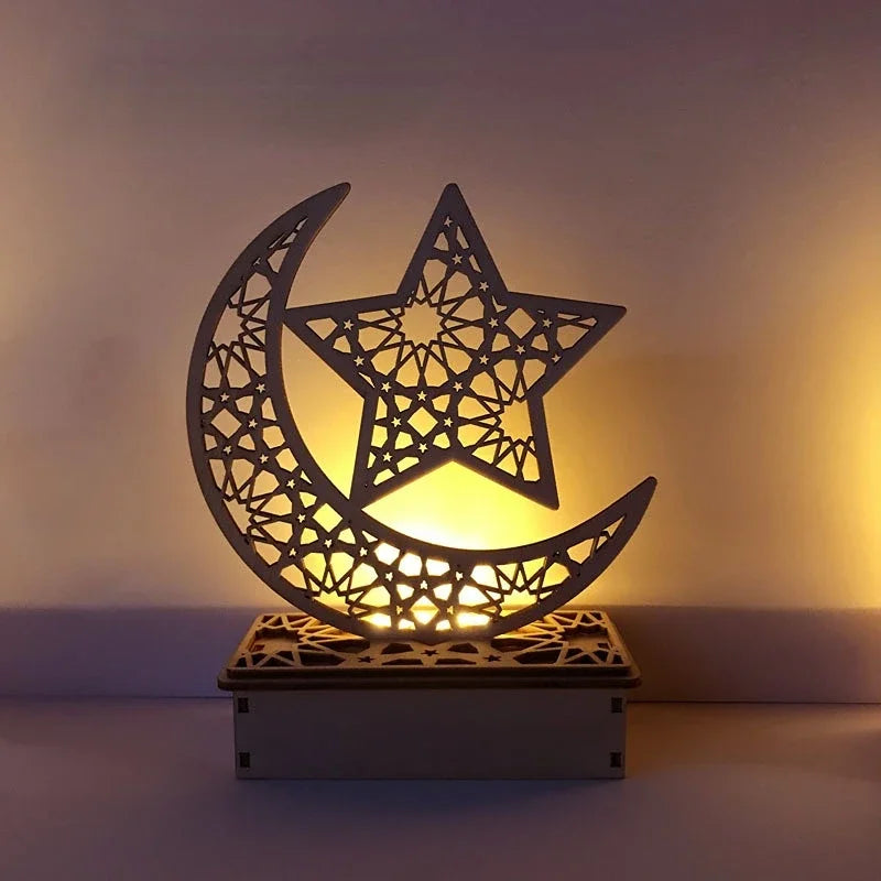 EID Mubarak Wooden Ornament Moon LED Candle Light Ramadan Decoration