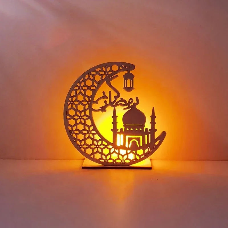 EID Mubarak Wooden Ornament Moon LED Candle Light Ramadan Decoration