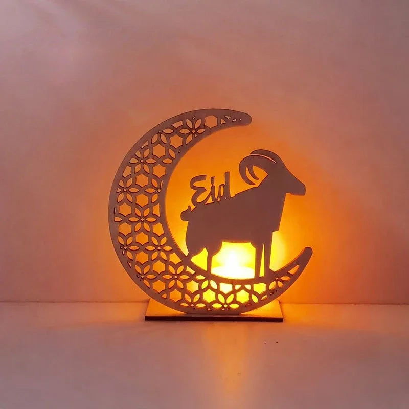 EID Mubarak Wooden Ornament Moon LED Candle Light Ramadan Decoration